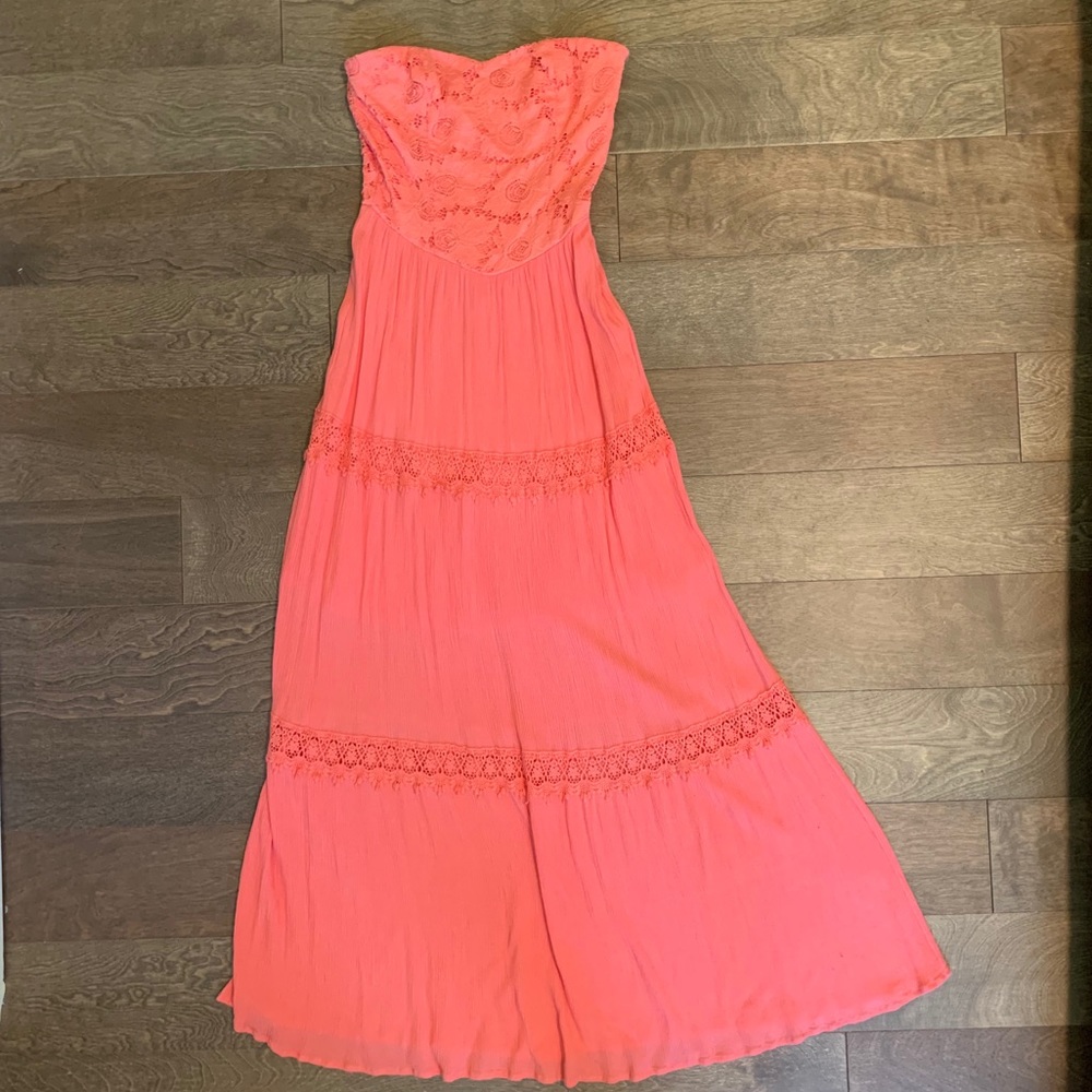 Small coral strapless maxi dress